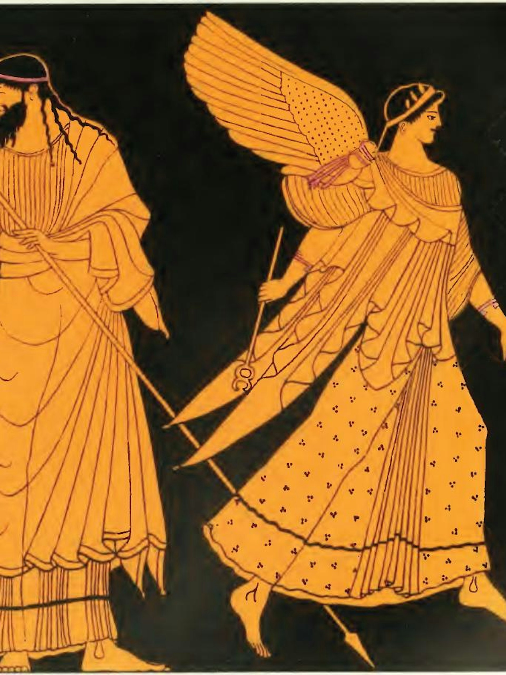 Vase painting of Zeus sending out Iris and Hermes by the Berlin Painter